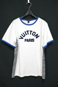 2023AW LOUIS VUITTON ルイヴィトン フロントロゴ  Tシャツ レディース コットン ホワイト  XSサイズ  ボーダー切り替え FPTB06【中古】