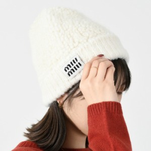 MIU MIU ミュウミュウ 帽子 アルパカ ビーニー ニット帽 5HC327 2CNN レディース BIANCO ホワイト ロゴ 冬 ビーニー 防寒 シンプル おす