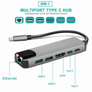 6-in-1 USB-Cハブ マルチポートアダプター タイプCハブ アダプター ドック 4K HDMI RJ45イーサネット LAN USB充電