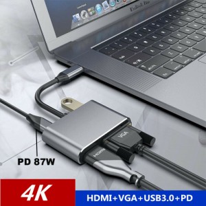 4-in-1オーディオビデオアダプタUSB Type-C to HDMI 4K Converter with HDMI + VGA + PD + USB3.0 Interface Fast Charger