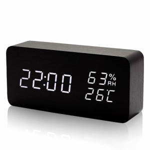 長方形木製LEDミニ目覚まし時計サウンドコントロールデジタル時計カレンダー温度計