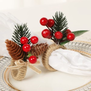 クリスマスナプキンリングシミュレーションベリーの枝亜麻ティッシュペーパーホルダーパーティー用品クリスマステーブルの装飾