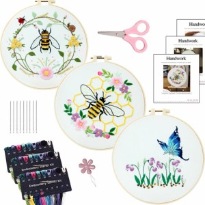 かわいい蜂の花パターンの Diy 刺繍スターター キット クロス ステッチ キットには、初心者向けの刺繍フープが含まれています