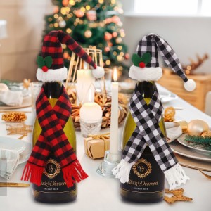 クリスマスチェック柄ワインボトルカバーセットミニドレスアップワインボトル帽子スカーフトッパークリスマスオーナメントパーティー用品