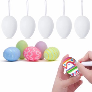 白いイースターの卵、プラスチックの子供たちの落書きDiyイースターの装飾の卵ストラップ付き、Doodling飾るペイント可能なハンギング偽
