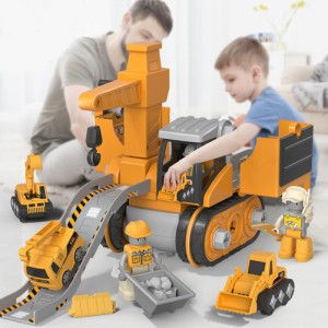 プラスチック分解4-in-1変形エンジニアリングカー、トロリースライディングトラックボーイクレーン掘削機玩具