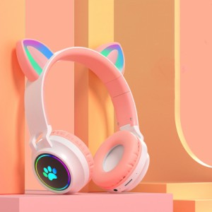 ワイヤレスヘッドフォンかわいいフラッシュ猫耳足ステレオミュージック5.0Bluetooth互換ヘッドセット