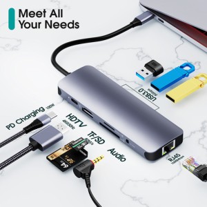 Dj1001 9-in-1 5-USB Cハブ、USB C-イーサネットHDMI互換USBアダプター、1000Mbpsイーサネットポート、MacBook / Pro / Air / Android Ph