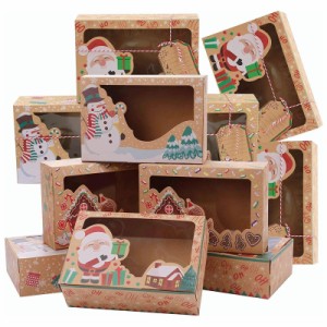 12個 クリスマスクッキーボックス 透明な窓付き クリスマスクラフト紙ギフトボックス キャンディーおやつスナックに最適 (22 x 15 x 7cm)