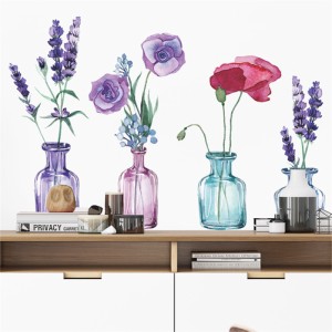 ロマンチックな粘着性のウォールステッカーカラフルな花瓶ラベンダーポピーパターン寝室の研究ポーチ美化装飾デカール