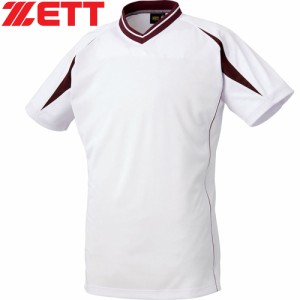 ゼット ZETT メンズ レディース 野球ウェア 練習用シャツ Vネック ベースボールシャツ ホワイト/エンジ BOT761 1168 半袖 Tシャツ
