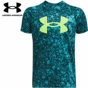 アンダーアーマー UNDER ARMOUR キッズ テック ショートスリーブTシャツ オールオーバープリント ビッグロゴ ハイドロティール/イエロー