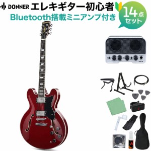 Donner ドナー DJP-1000 Burgundy Red エレキギター初心者14点セット【Bluetooth搭載ミニアンプ付き】 セミアコ セミホロウ バーガンディ