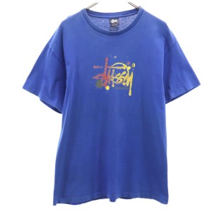 ステューシー 90s USA製 紺タグ オールド プリント 半袖 Tシャツ L ブルー STUSSY メンズ 240322