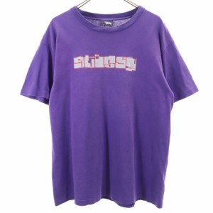 ステューシー 90s USA製 オールド 紺タグ プリント 半袖 Tシャツ L パープル STUSSY メンズ 240412