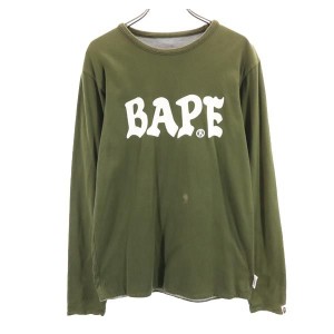 アベイシングエイプ 日本製 リバーシブル 長袖 Tシャツ S グレー＆カーキ A BATHING APE ロンT メンズ 230925