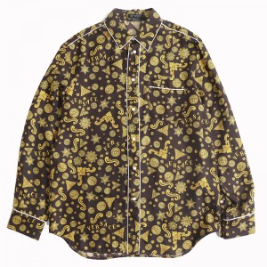 極美品△正規品 VERSACE ヴェルサーチ 2019年 A84344 メデューサボタン付 バロッコ 総柄 HERITAGE FIT 長袖 シルクシャツ 40 焦げ茶×黄