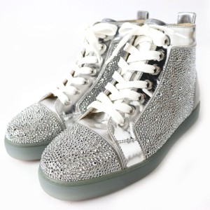 極美品△クリスチャンルブタン LOUISFLAT CALF STRASS ストラス スワロフスキー レザー ハイカットスニーカー レディース シルバー 37 1/