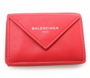 美品★BALENCIAGA バレンシアガ 391446 ロゴ入り レザー ペーパー ミニウォレット／3つ折り財布 レディース レッド 箱・保管袋付き