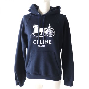 美品◎正規品 伊製 CELINE セリーヌ 2Y428450I レディース カシミヤ混 サルキー プリント フーディ スウェット／パーカー ネイビー×白 S