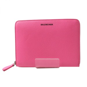 美品◎BALENCIAGA バレンシアガ 569040 レディース ラウンドファスナー レザー カードケース コインケース ネオンピンク