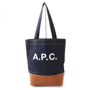 極美品◎A.P.C. アーペーセー axelle ユニセックス デニム×レザー ロゴ トートバッグ／肩掛け ショルダーバック インディゴブルー