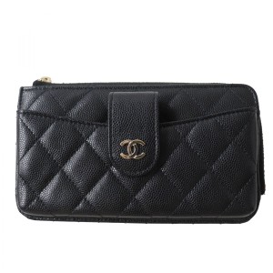 極美品◎伊製 CHANEL シャネル 31番台 タイムレスクラシック ココマーク キャビアスキン マトラッセ スマホケース付長財布 黒×金 箱・袋