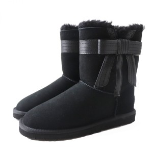 未使用品◎UGG アグ 1003174 W CLASSIC MINI ダブル クラシック ミニ レザーリボン付き ムートンブーツ レディース ブラック USA6 箱付き