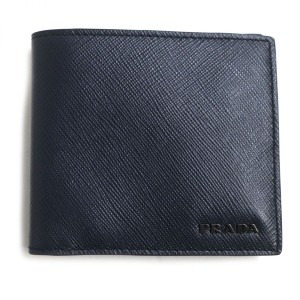 未使用品▼PRADA プラダ 2MO912 ロゴ金具付 サフィアーノレザー コンパクトウォレット/2つ折り財布/札入れ ネイビー×グリーン 伊製 メン