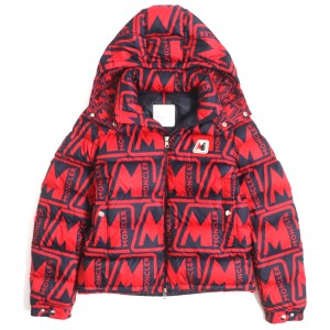 極美品▼MONCLER モンクレール FRIOLAND フリオランド 総柄 フード・ラバーワッペン付き WZIP ダウンジャケット 赤×黒 1 メンズ 正規品