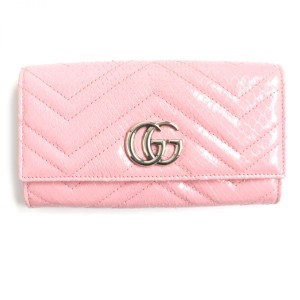 美品▼GUCCI グッチ 443436 GGマーモント パイソンレザー コンチネンタルウォレット/2つ折り長財布 ピンク シルバー金具 伊製 箱・袋付き