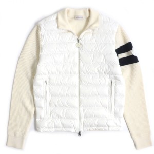 極美品▼2021年製 MONCLER モンクレール CARDIGANTRICOT ラバーロゴ付き ニット切替 WZIP ダウンジャケット クリーム×白 S メンズ 正規