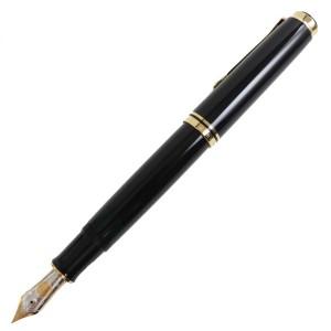 極美品●Pelikan ペリカン スーベレーン M1000 ペン先18K ロゴ入り 万年筆 ブラック×ゴールド Mニブ 箱/インクボトル付き