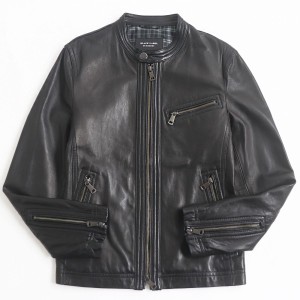 極美品●BURBERRY BLACK LABEL バーバリーブラックレーベル ラムレザー 裏地チェック柄 シングルライダースジャケット ブラック M 正規品