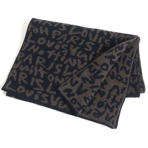 美品□LOUIS VUITTON/ルイヴィトン エシャルプ スティーブン・スプラウス ロゴグラフィティ ニットマフラー ブラウン×ネイビー イタリア