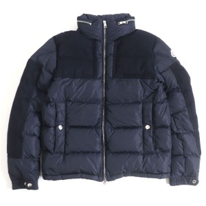 美品□MONCLER/モンクレール ARCS アークス ウール切り替え ロゴワッペン付き フード入り ダブルZIP ダウンジャケット ネイビー 1 メンズ