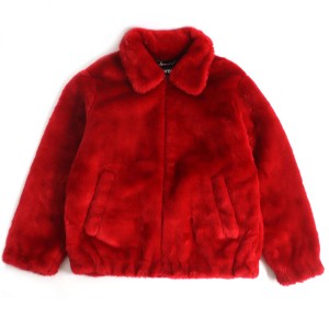 極美品□Supreme/シュプリーム Faux Fur Bomber Jacket バックロゴ 裏ロゴ総柄 ZIPUP フェイクファー ボンバージャケット レッド M 正規