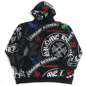 極美品□クロムハーツ STENCIL HOODIE ホースシュー/スクロールラベル/セメタリークロス 総柄 プルオーバーパーカー/フーディー 黒 L USA