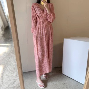 ワンピース レディース ロング丈 マキシ丈 長袖 Vネック 小花柄 フレア Iライン ウエストマーク 薄手 きれいめ シンプル 上品 お洒落 大