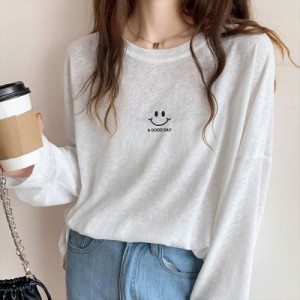 トップス レディース Tシャツ カットソー シャツ ルーズ スマイル 長袖 Uネック ラウンドネック 薄手 かわいい シンプル カジュアル おし