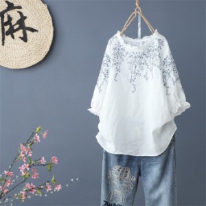 ロングシャツ レディース 半袖 ブラウス 花柄 夏 綿麻 リネン ブラウス かわいい 大きいサイズ 刺繍