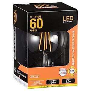 OHM LED電球 フィラメントタイプ ボール電球形 E26 60形相当 5W クリア 電球色 LDG5L C6 06-3478(中古品)