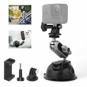 吸盤マウント 車載マウント GoPro Insta360 DJI カメラ用 スマホホルダー付き 360度回転 アルミ合金製 ゴープロ Max Hero11 10 9 8 7 6 5