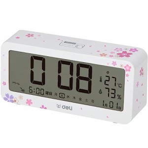 Deli 電波目覚まし時計大きな文字 明るいLCDバックライト 温度計・湿度計付き 目覚まし時間設定 置き時計 電波時計 (146CM 桜の花 白)