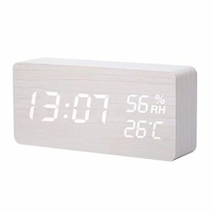 目覚まし時計 木製 大音量 デジタル 置き時計 温度湿度 木目 USB給電 おしゃれ 子供 プレゼント (ホワイト)