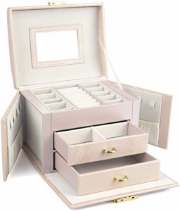 ジュエリーボックス 携帯用 大容量 ミラー付き アクセサリー ケース ジュエリー収納 宝石箱 (ピンク)
