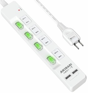 AKIRARI コンセントタップ 4個AC口 2個USB 急速充電 電源タップ 4口電源タップ 雷ガード ホコリ防止シャッター スイッチ付 ホワイト スイ