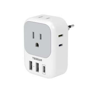 変換プラグ Cタイプ 海外旅行用 変換器 TESSAN 電源変換アダプター コンセントUSB-C付き 4個AC差込口 2個USB-Aポート 1個Type-Cポート 韓