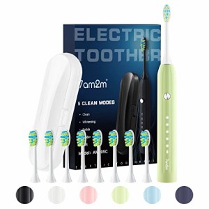 7am2m 電動歯ブラシ ソニック 電動はぶらし 超音波振動歯ブラシ 携帯ケースと替えブラシ８本付き ５モード スマート電動歯磨き 電動歯ブ