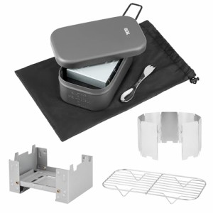 yETO メスティン 6点セット 硬質アルマイト加工 目盛り付き 2合飯盒 ポケットストーブ 風除板 網 スプーン 収納袋付き アウトドア 飯盒 
